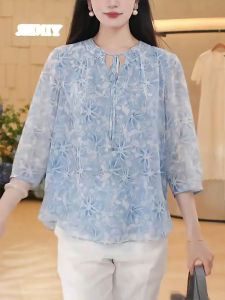 QINGNAER | Light Blue Floral Tie Collar 3/4 Sleeve Fall Stylish Fashion Plus Size Womens Shirt