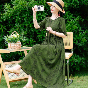 Floral Print Cotton Silk Dress Womens Summer Fashion Slimming Mom Short Sleeve Midi Length Skirt High Waist A-Line Dress