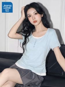Jeanswest | Áo Thun T-Shirt Tay Ngắn Cổ V Giả Hai Mảnh Ôm Sát