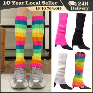 Ecowalson Halloween 80s Neon Colored Knit Leg Warmers Ribbed Bright Footless Socks Punk Black Knee High Gothic Hip-hop Rock Sock Womens Rainbow Fluorescent Color Striped Mid-Calf Socks Warmth Leggings Harajuku Style Home Comfort Stockings
