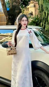 Áo dài cách tân Long Phụng dáng suông vải gấm tơ cổ tròn màu đính cúc hoa nơ tay lỡ- Áo dài Ngọc Mai