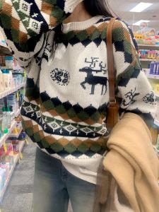 Christmas Deer Pattern Knitted Sweater round Neck Casual Warm Winter Fashion Commute Style Long Sleeve Womens Knitwear