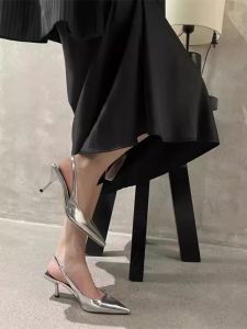 Elegant Gold Pointed Toe Sandals French Style Fairy Shoes Low Cut High Heel Fashionable Summer Spring Season Single Shoes