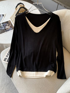 Casual Knitted Base Shirt Womens Spring Autumn V-neck Fake Two-piece Long Sleeve Regular Fit Polyester Fiber Outerwear Inner Match Black