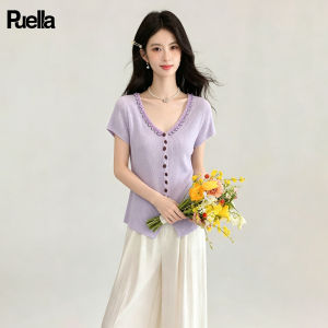 puella | Áo Cardigan Đan Cổ V Tay Ngắn Pha Lê Sang Trọng Mùa Hè
