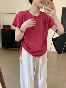 Design Sensation Drawstring round Neck Short Sleeve T-Shirt Women Summer Thin Loose Slimming Ice Silk Knitted Mesh Top