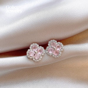 golicc | Bông Tai Hình Clover Bốn Lá Độc Đáo Mạ Zircon Màu Hồng