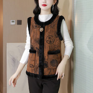 MAIMEI | Fleece Lined Cotton Vest Warmth Retention Womens Fashion Retro Style Round Neck Single Button Closure Suede Jacket Coat
