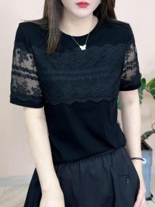 Slimming round Neck Short Sleeve T-Shirt Lace Splice Pure Color Summer Top for Plump Women Breathable Moisture Wicking Cotton Blend