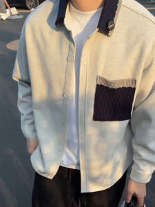 American Splice Open Cardigan Mens Spring Autumn Old Money Color Collision Collar Knitted Loose Design Sense Shirt