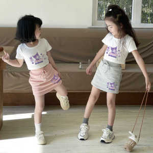 Cute Short Sleeve T-Shirt Skirt Set Cotton Casual Summer Childrens Clothing for Girls Age 2-12 Cartoon Anime Print