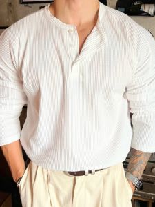 DAVID&ME | Light-Mature Casual Solid Color Henry Neck Slim Fit Easy-to-Match Stretchable Shirt