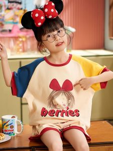Princess Style Pure Cotton Summer Sleepwear Set for Girls Childrens Home Clothes Short Sleeve Shorts Home Comfortable Suit