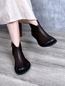 รองเท้าบูทมาร์ตินหนังวัวแท้หัวมนทรงหัวมนแบบมีซิปด้านข้างพื้นแบนฤดูใบไม้ร่วงและฤดูหนาวใหม่สำหรับผู้หญิง