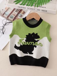 Childrens Knitted V-neck Sweater Vest Cartoon Design Baby Boy Outerwear Fashionable Street Style Spring Autumn Seasonal Wear