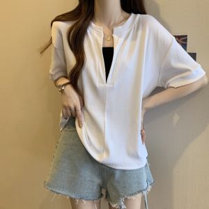 plus Size Womens Loose Fit Short Sleeve V-Neck T-Shirt Design Sensation Slimming Appearances Summer New Style Korean Version