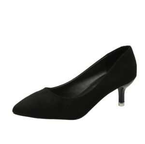 รองเท้าส้นสูงสำหรับผู้หญิง สีดำ ทรงหนังกลับ หัวแหลม สำหรับใส่ไปทำงาน รองเท้าส้นบาง พื้นยาง รองเท้าส้นกลาง ทรงหัวแหลม