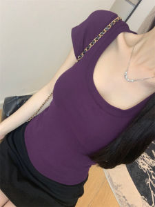 Slimming U-Neck Short Sleeve Tee for Women Summer Style Versatile Pure Color White Top with Sleeveless Design