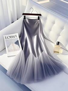 GOUWU | Elegant High Waist Satin Midi Skirt with Mesh Detail
