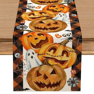 VIKAMA Halloween Table Runner Jack O Lantern Ghost Spider Bat Plaid Dining Table Home Halloween Party Decor