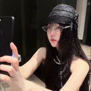 หมวกถักลูกไม้สำหรับผู้หญิงหมวกทรง Beanie ระบายอากาศได้หลากหลายรูปโบว์กลวงแฟชั่นเกาหลี2024ฤดูร้อน