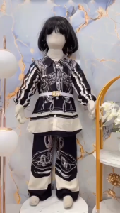 Setcel Rayon Premium Untuk Anak Perempuan Umur 3-12 Tahun Free Belt | Setelan Nagita Rayon Model Baju Rayon Lengan Panjang Serut Kombinasi Krah Full Kancing Kombinasi Celana Panjang Semi Kulot Motif Sultan