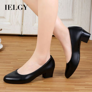 IELGY womens high heels soft leather mid heel black soft sole shoes