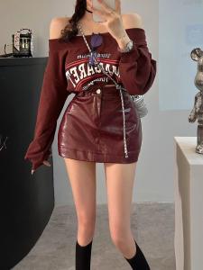 American Sweet Spicy Jazz Wine Red PU Skirt A-Line Mini Skirt Womens Spring Autumn Thickened High Waist Short Skirt