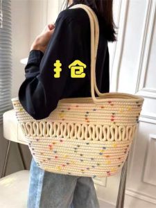 Large Capacity Hollow out Cotton Rope Woven Shoulder Bag French Style Straw Basket Beach Vacation Beach Sand Womens Bag