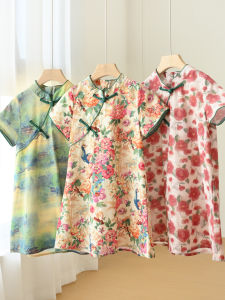 Chinese Style Cheongsam Dress Short Sleeve Pure Cotton Thin Print Skirt for Girls Summer Clothing Childrens Wear Daily Outfit