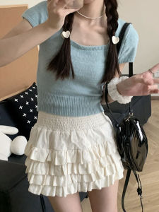 Blue Square Collar Short Sleeve Knitted T-Shirt Womens Summer Slim Fit Fashionable Design Mini Length Spicy Girl Top