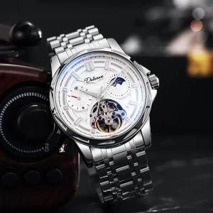 Tourbillon Skeleton Moon Phase Mens Watches Top Brand Luxury 12 Hours Luminous Automatic Mechanical Watch Stainless Steel