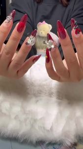 100% HANDMADE Artificial Nails New Years red festive nails Chinese Year of the Snake flashing red cats eye nails Phototpy Fake Nail Press on Nail Reusable And Removable With Free Glue