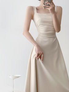 Elegant Slimming Beige French Style Strap Summer Dress