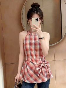 Áo Dây Caro Phong Cách Retro cho Phụ Nữ Size Lớn với Nơ và Dây Điều Chỉnh