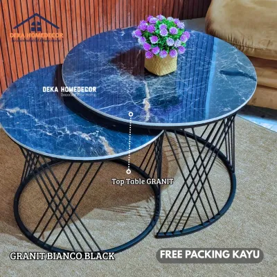 Meja Tamu Minimalis CROSSY Meja Kopi Bulat Aesthetic Granit Goldie Gold Dekorasi Ruang Tamu Mewah
