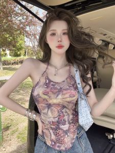 GUZILIAN | Retro American Floral Print Mesh Strap Vest Women Pure Desire Casual Neck Hanging Short Top Summer Spicy Girl Holiday Style