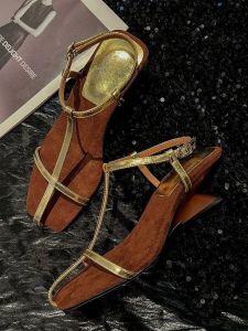 Summer Minimalist Style Square Toe Open Toe T-Strap Irregular Heel Ladies Resort Sandals