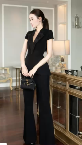 Set đồ nữ tổng tài áo cổ V chiết eo mix quần suông siêu sang thời thượng NEWFASHION99