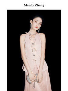 Customized Series Pink Viscose Beaded Floral Design Halter Sleeveless Top