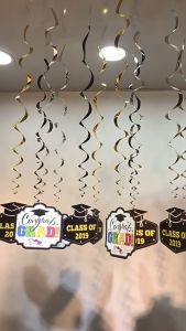 Happy Time Decoraions Graduation Pendant Foil Swirl Decor with 5.3-8.5 in (13.5-21.5cm) Cutouts Congratulation Grad Photography Props Supplies Party Needs Decor