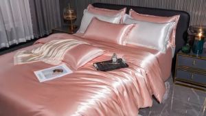 Sang Trọng Satin Mượt Bộ Chăn Ga Gối Queen King Size Chăn Mền Vỏ Gối Vỏ Gối Khăn Trải Giường Đơn Đôi Bộ Chăn Ga Màu Trơn