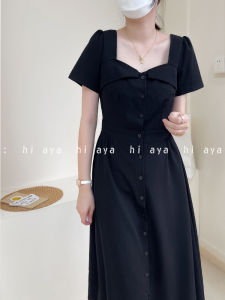 Black High Waist Midi Dress Womens Elegant French Design Hepburn Style Retro Mini Dress Korean Commute Pure Color Summer Dress