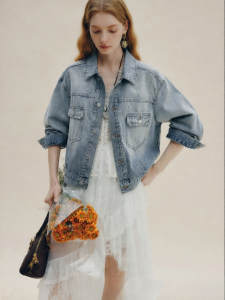 FAMANXUAN | Sequin & Rhinestone Gradient Washed Blue Denim Jacket