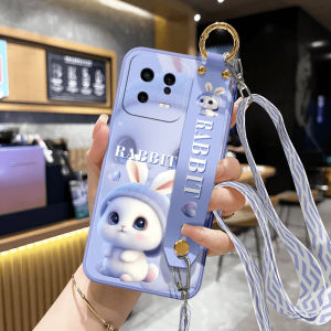 Xiaomi 13 New 13Pro Cartoon Rabbit Soft Silicone 12X Phone Case with Wrist Strap Stand Compatible with 12SPro 11 Anti-Fall Full Cover Protective Cover for Couples Women Crossbody Neck Rope Shoulder Strap