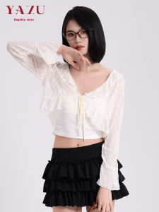 Korean Sweet Thin Short Womens Open Cardigan Spring Summer New Style Wood Grain Ruffle Skirt Outerwear Top Shoulder Length V-neck