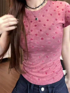 Shalldoer | Slim Fit Short Sleeve T-Shirt Womens Pink Polka Dot Summer Thin Style Fashionable Korean Version Round Neck Top For Younger Look