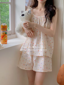 ชุดนอนผู้หญิงแขนพองลายจุดสีสันสดใส ผ้าฝ้ายสองชั้นบาง ชุดนอนฤดูร้อน ชุดนอนผ้าฝ้ายแท้ ชุดนอนผู้หญิง ชุดนอนผ้าฝ้าย