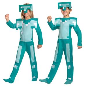 Fast shipping Minecraft steve Diamond Armor Kid Costume Game Character Anime Cosplay Costume Birthday Party Gift Girls Boys Bodysuit