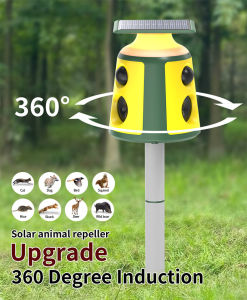 360 Degree Solar Powered Ultrasonic Repellent for Dog Cat Monkey Rodent Insects Snake Mouse Rats Mole Bird